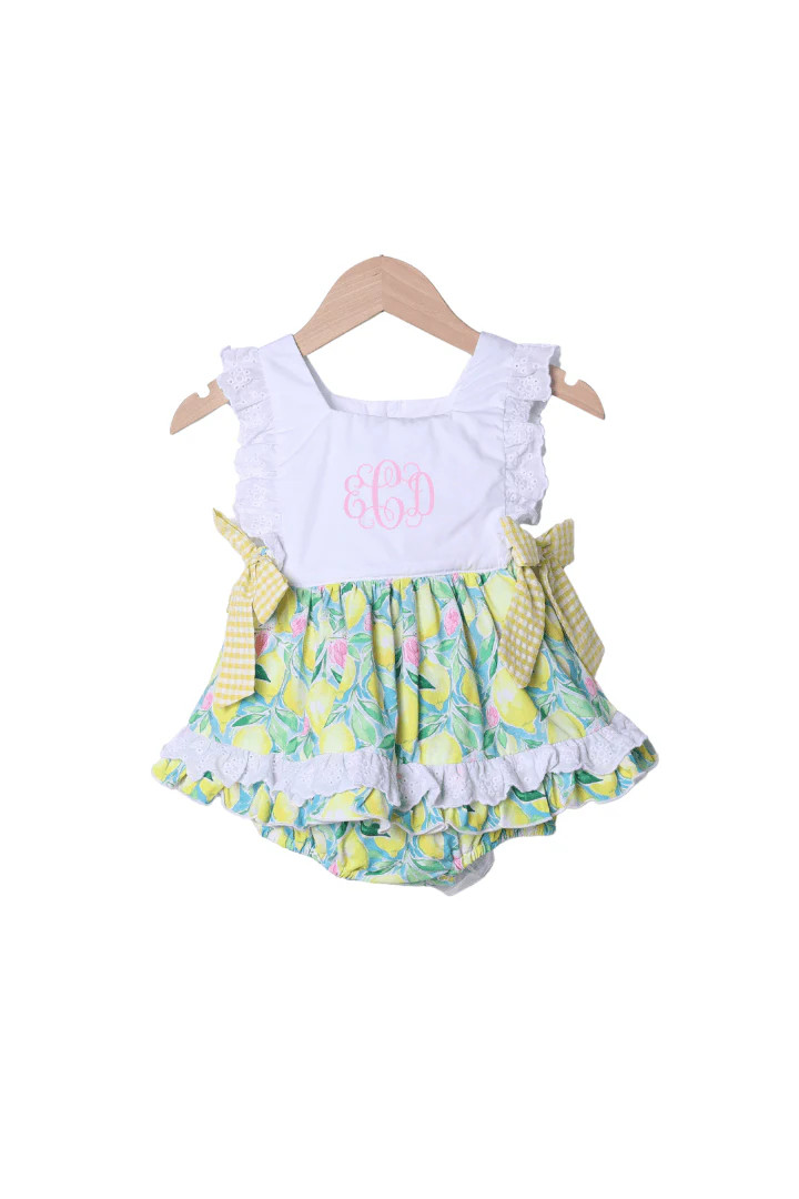Yellow and Pink Lemon Ruffle Bubble | The Smocked Flamingo