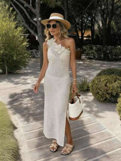 FOR BEAUTY Apricot Sexy Oblique Neck Knit Dress, Elegant Minimalist Beach Music Festival Honeymoo... | SHEIN