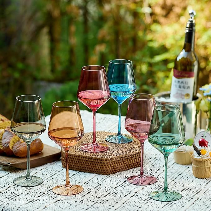 Stemmed Colored Wine Glasses: Set of 6 Cute 13.5oz Hand Blown Crystal Wine Glass with Long Stem f... | Amazon (US)