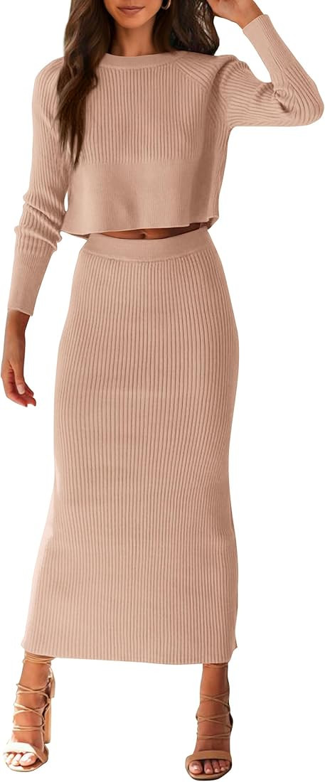 PRETTYGARDEN Women's Fall 2 Piece Sweater Set Rib Knit Long Sleeve Crop Top Maxi Bodycon Skirt Ca... | Amazon (US)