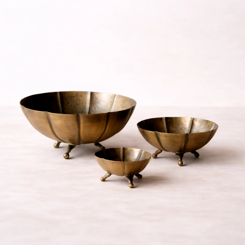 Vintage Inspired Brass Scalloped Footed Bowl Set of 3 | By Luxe B Co. | luxe bCO