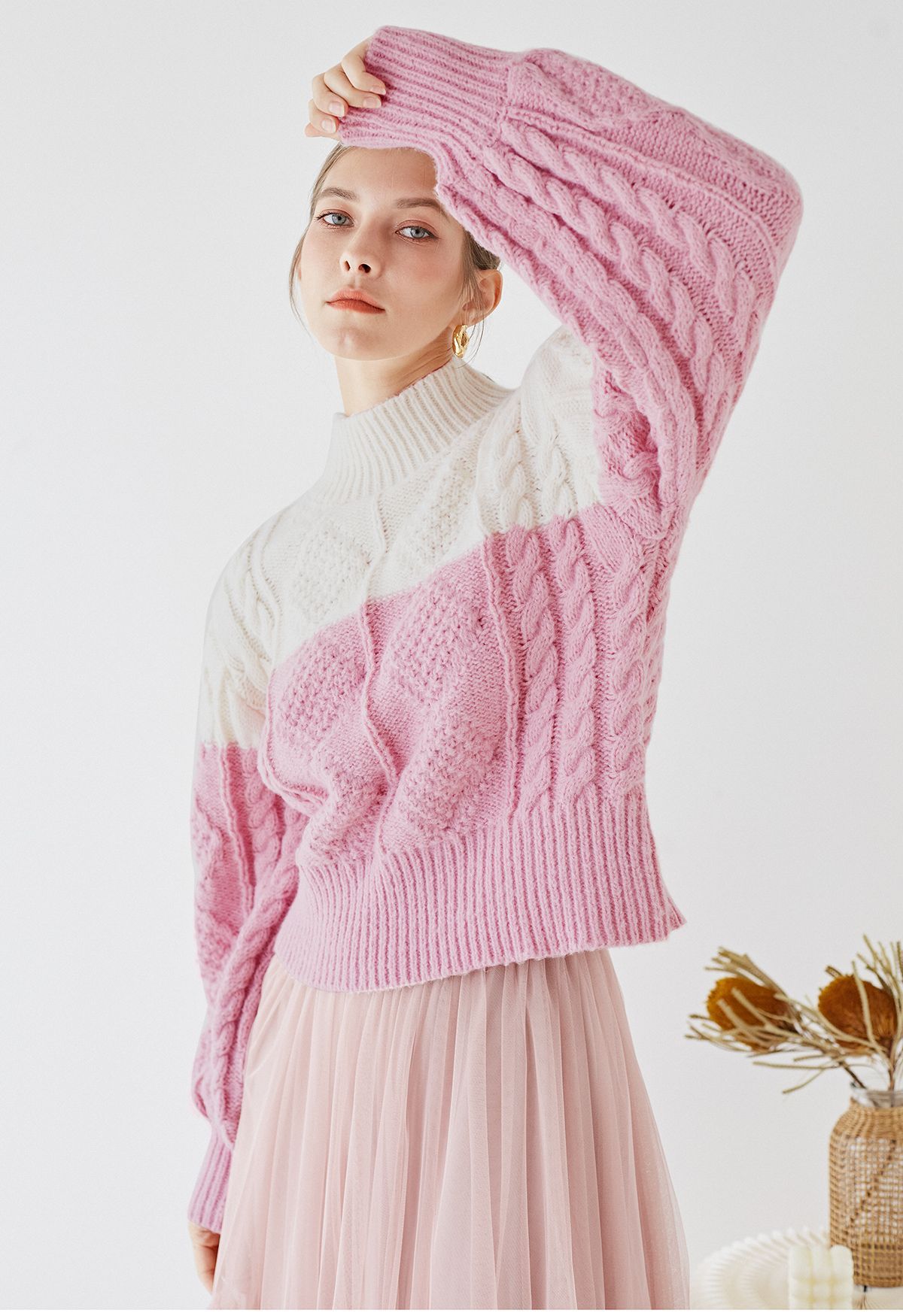 Two-Tone Diamond Braided Knit Sweater in Pink | Chicwish
