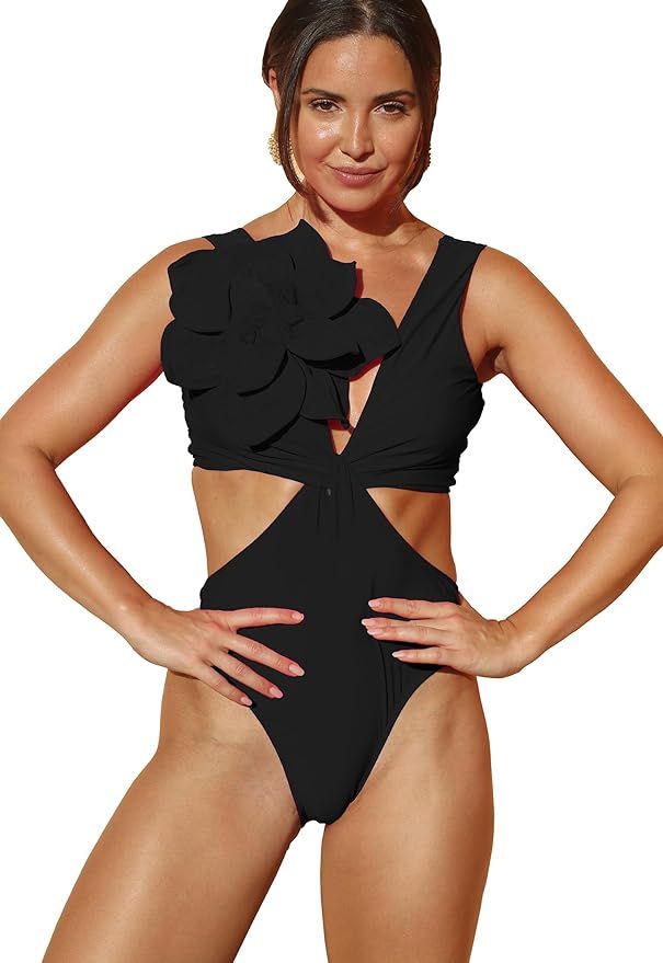 SPORLIKE Women One Piece Swimsuit Draping Flower Bathing Suit Paddings Swimwear | Amazon (US)