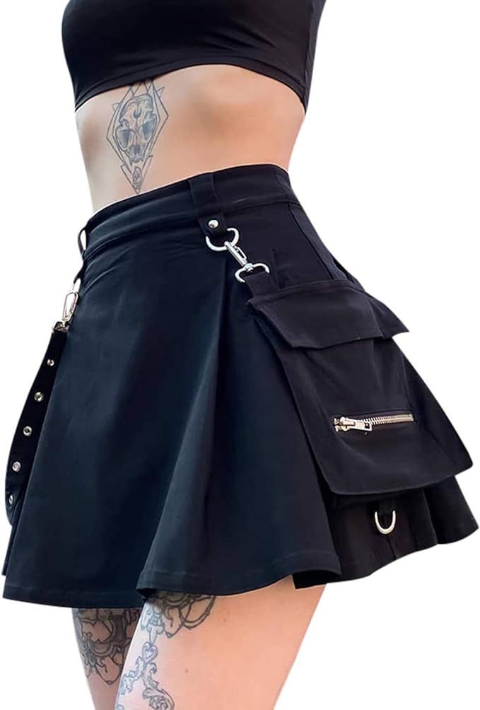YHLZBNH Women Gothic Punk Mini Skirts High Waist Black Half Dress with Belt Pocket Decoration | Amazon (US)
