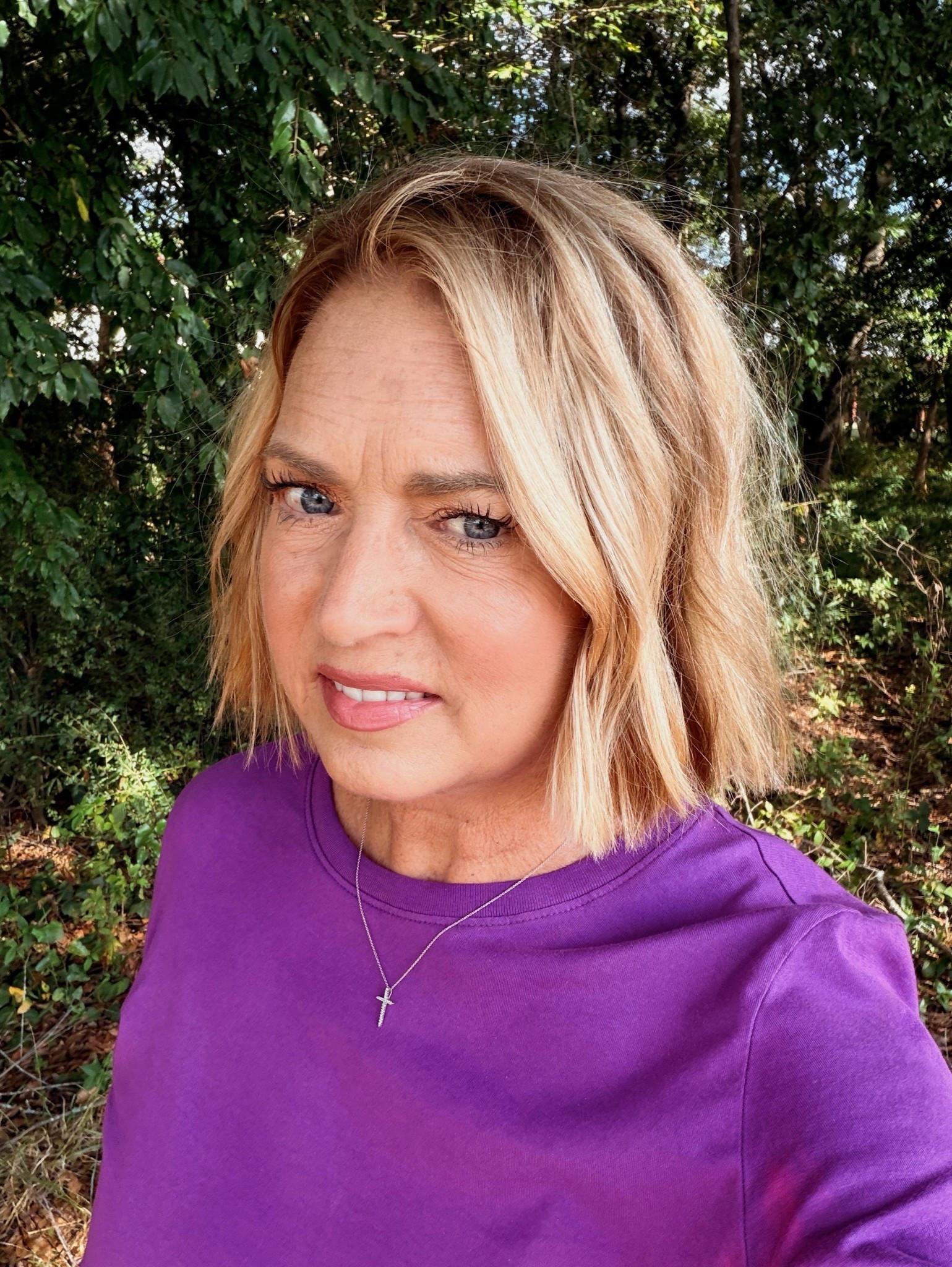 Purple + a haircut & color appointment. Feeling fresh! 💜 Thx to Izy & Anna at @izydelosalon . 
When @theclassictshirt sent me this tee, I really didn’t see me wearing purple. (I did a campaign for them a few months ago.) Then, I started seeing purple for fall and decided to try it one day. I absolutely loved it. This tee has a flattering sleeve length and a rich purple that makes it feel elevated, too. I’ve style it several ways since trying it. This has taught me not to dismiss new color or style too quickly. It’s proving to be rewarding to get out of my comfort zone. Also, this tee is an inexpensive way to wear the purple trend. Will you rethink a fall trend, too?
