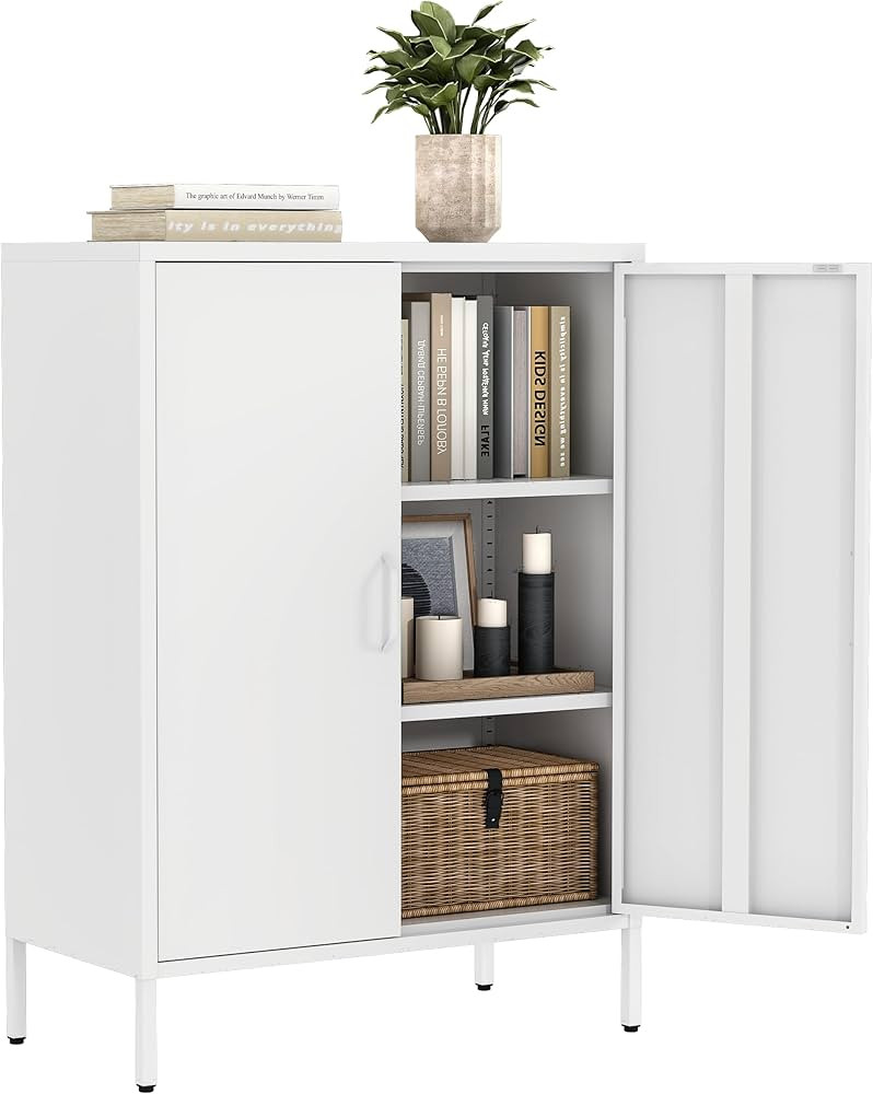 Metal Locker Cabinet with 2 Doors, White Metal Accent Cabinets for Home Office, 40" Counter Heigh... | Amazon (US)