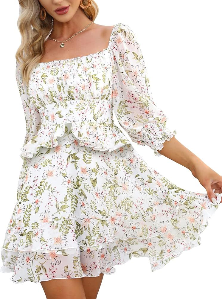 EXLURA Womens Floral Ruffle Sun Dress Sundress Tiered Square Neck Long Sleeve Off Shoulder Smocke... | Amazon (US)