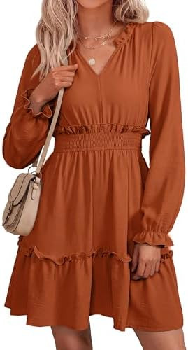 BerryGo Womens Long Sleeve Mini Dress Casual Ruffle Fashion V Neck High Waist A Line Flowy Boho S... | Amazon (US)