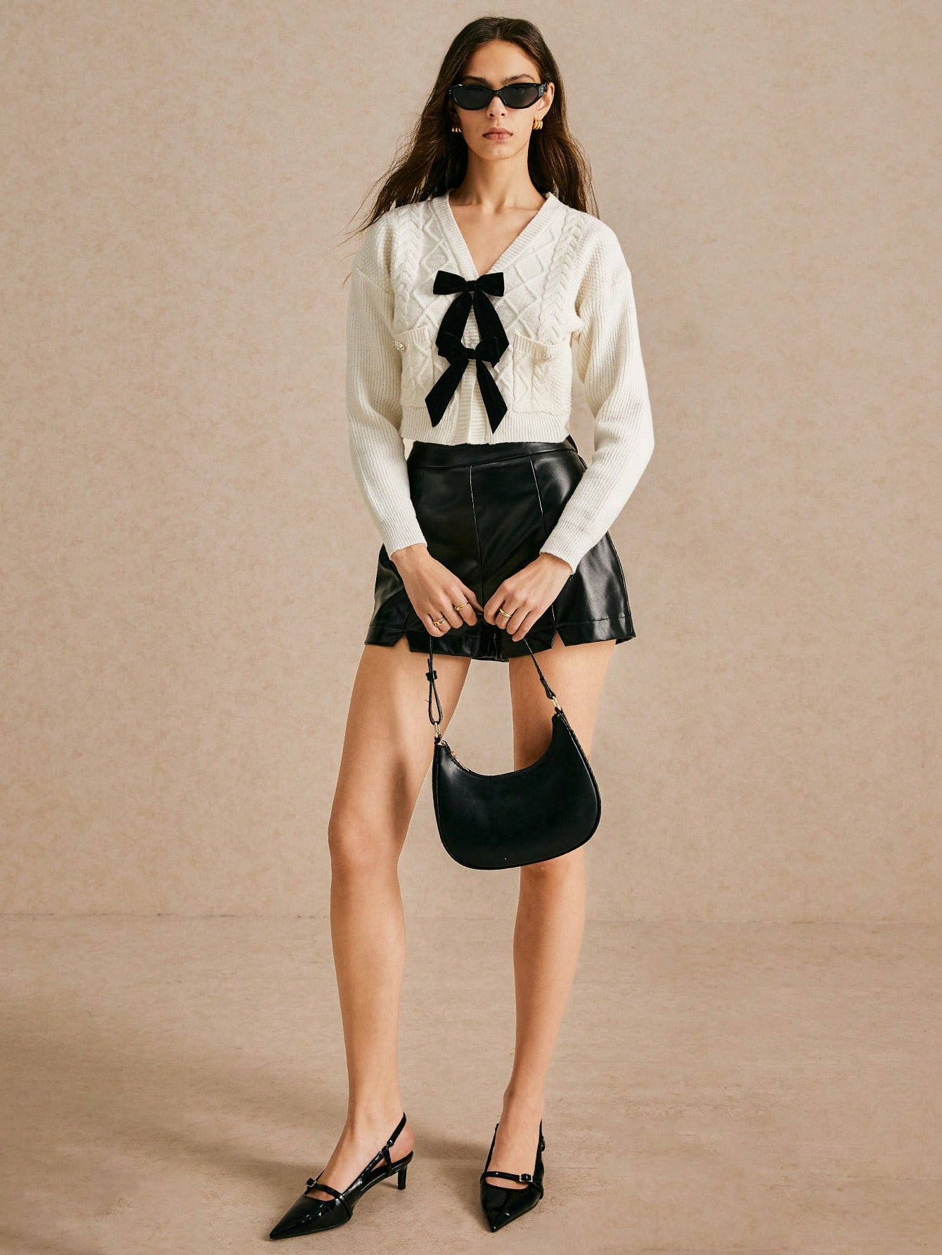 Poéselle White Bow Sweater Cardigan,Women's Elegant Bow Decorated Cropped Cardigan,Fall Women Cl... | SHEIN