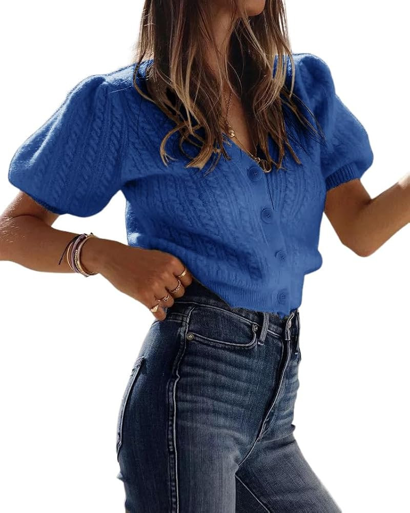 Bianstore Women's Puff Short Sleeve Sweater Casual V Neck Cardigan Tops Ribbed Knit Button Down S... | Amazon (US)