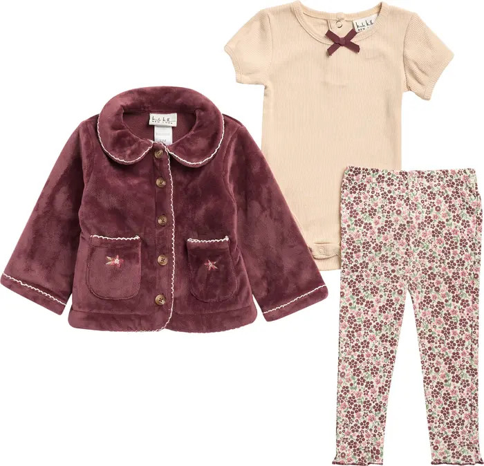 Nicole Miller Floral Embroidered Fleece Jacket, Bodysuit & Leggings Set | Nordstromrack | Nordstrom Rack