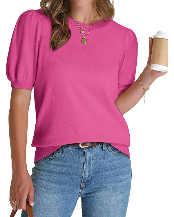 WIHOLL Women's Puff Short Sleeve Sweater 2026 Spring Summer Tops Trendy Business Causal Outfits W... | Amazon (US)