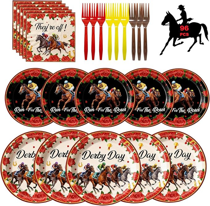 96 Pcs Derby Party Supplies – Horse Racing Disposable Plates, Napkins, and Forks with Roses and... | Amazon (US)