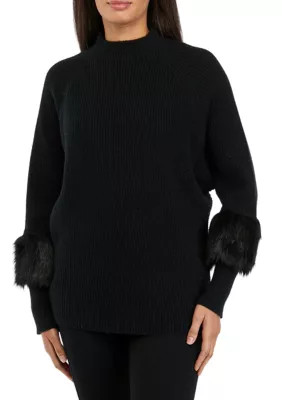 Joseph A Women's Turtleneck Sweater With Fur Sleeves, Black, Small | Belk