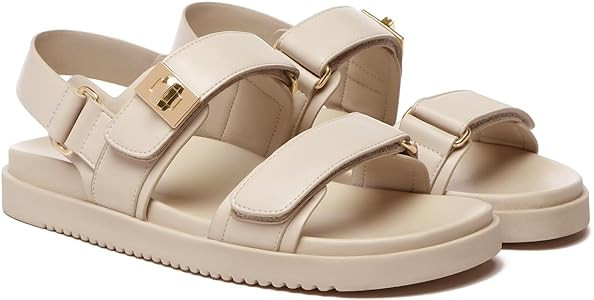 Women's Flat Sandals Comfort Adjustable Double Strap Slip on Leather Footbed Sandals | Amazon (US)