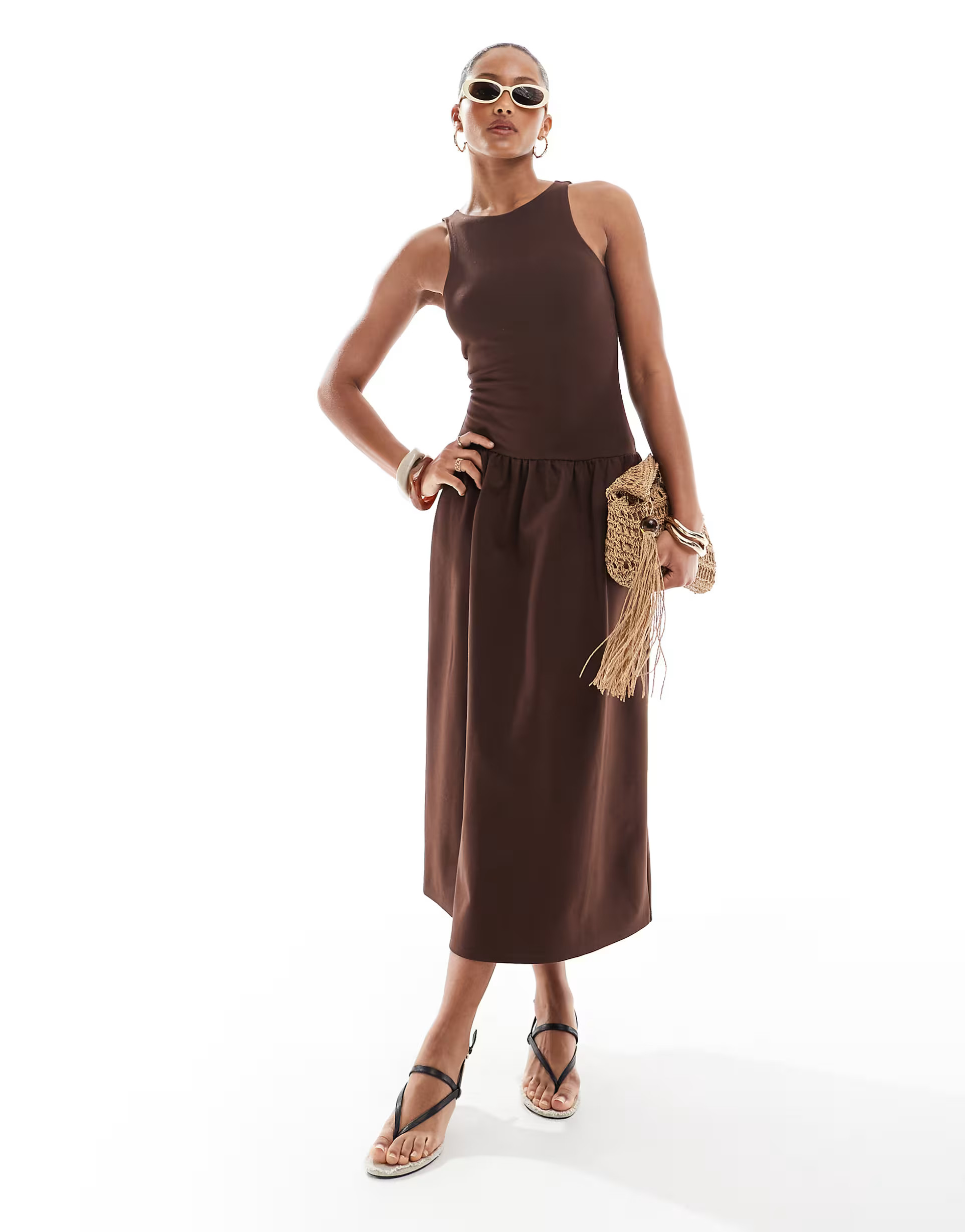 4th & Reckless sleeveless racerneck drop waist midaxi dress in chocolate | ASOS | ASOS (Global)