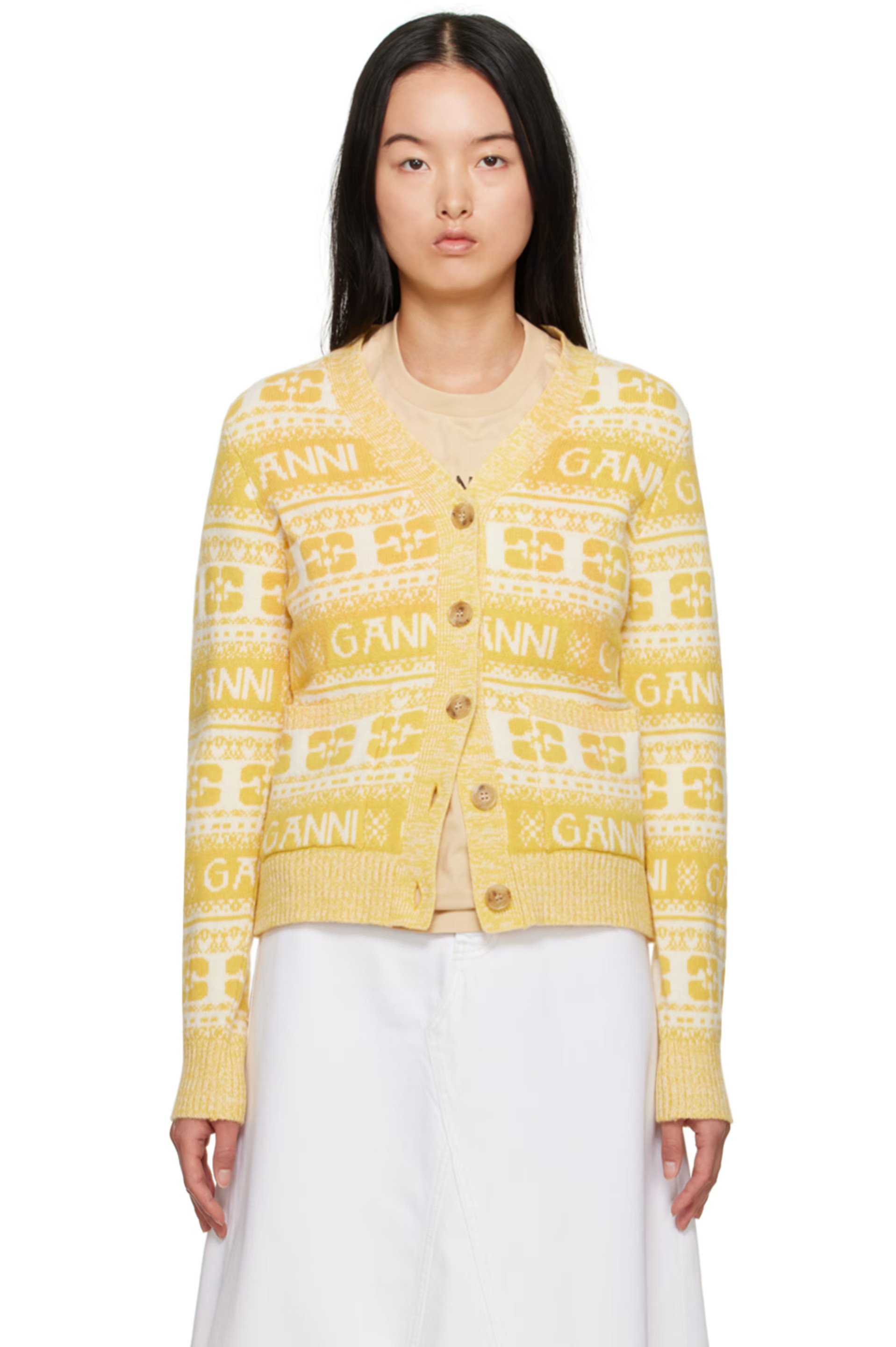 GANNI - Yellow Button Cardigan | SSENSE