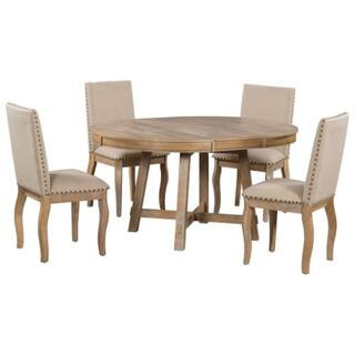 Natural 5-Piece Solid Wood Round Indoor Outdoor Dining Set with Extendable Table and Cushions Natural | The Home Depot