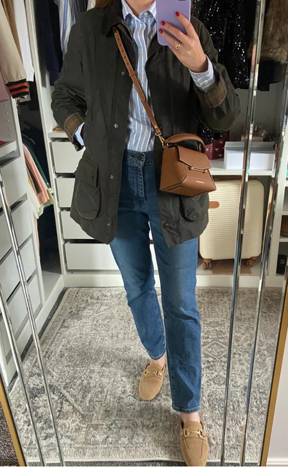 The perfect autumn outfit, my classic Barbour jacket layered over a striped shirt, straight leg jeans, and tan loafers. It’s an easy countryside look that still feels put together and timeless. Think crisp mornings, coffee runs and long walks through the Cotswolds. Barbour, Barbour jacket, Barbour wax jacket, Barbour beadnell, English countryside outfit, autumn outfits 

 #LTKuk #LTKautumn #LTKstyletip