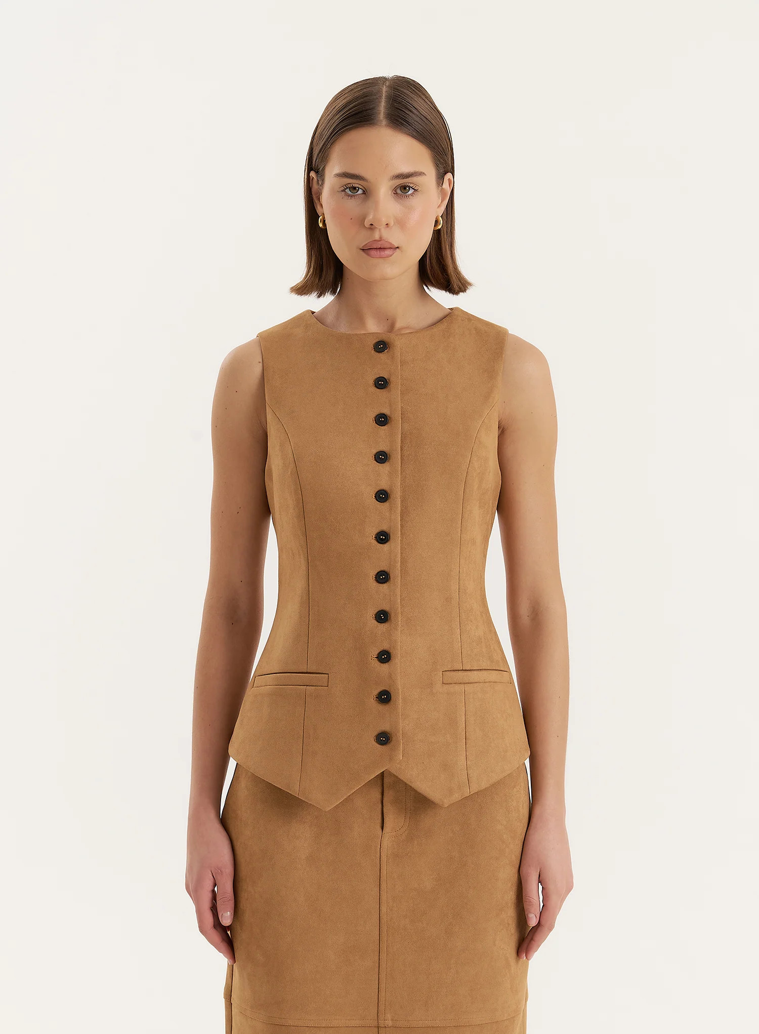 Tan Faux Suede Tailored Waistcoat- Briella | 4th & Reckless