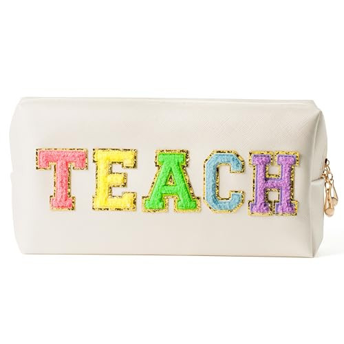 CY2SIDE Colorful TEACH Letter Patch Makeup Bag Shell Gold PU Leather Patch Cosmetic Bag with TEACH Chenille Letter for Travel Waterproof Portable Zipper Travel Organizer for Teacher Appreciation Gifts | Amazon (US)