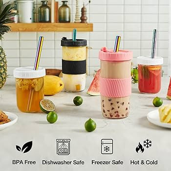 Mfacoy (4 Pack x 2 Size Reusable Boba Cup, 24oz & 16oz Bubble Tea & Smoothie Cups with Lids and S... | Amazon (US)