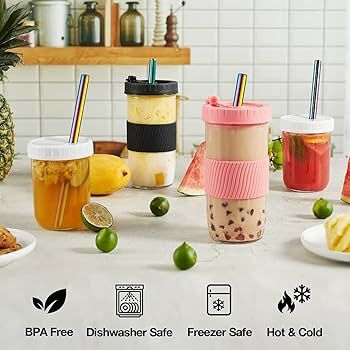 Mfacoy (4 Pack x 2 Size Reusable Boba Cup, 24oz & 16oz Bubble Tea & Smoothie Cups with Lids and S... | Amazon (US)