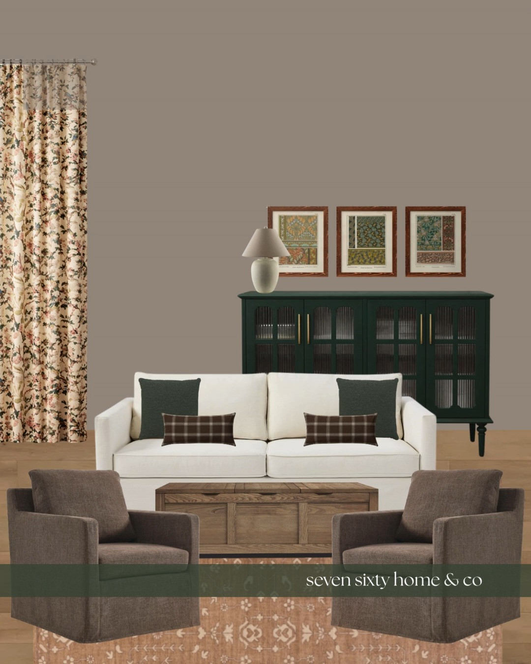 Heritage cottage living room with a soft, collected warmth.
This space blends classic cottage elements with a slightly elevated, lived in feel. Floral drapery adds movement and pattern, while the neutral sofa anchors the room in quiet comfort. Layered throw pillows in plaid and deep green bring subtle contrast, echoed again in the painted cabinet that adds storage and visual weight behind the seating. Warm wood tones, traditional artwork, and a vintage inspired rug ground the room and keep it feeling timeless rather than styled for a moment.

Designed to show up in searches for heritage cottage living room, cottage style living room ideas, traditional living room decor, floral curtain living room, and timeless neutral living rooms. A room that feels calm, familiar, and enduring, the kind of space meant for slow mornings, evening conversations, and furniture that stays put for years. 

 #LTKHome