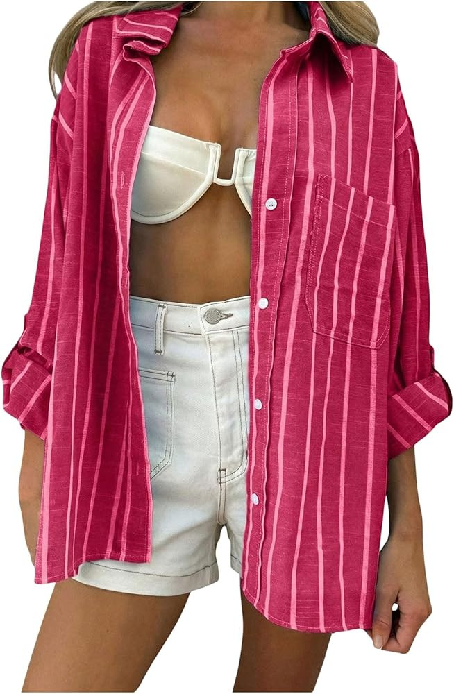 Verdusa Women's Striped Button Down Blouse Oversized Shirts Long Sleeve Tops Summer Vacation Outf... | Amazon (US)