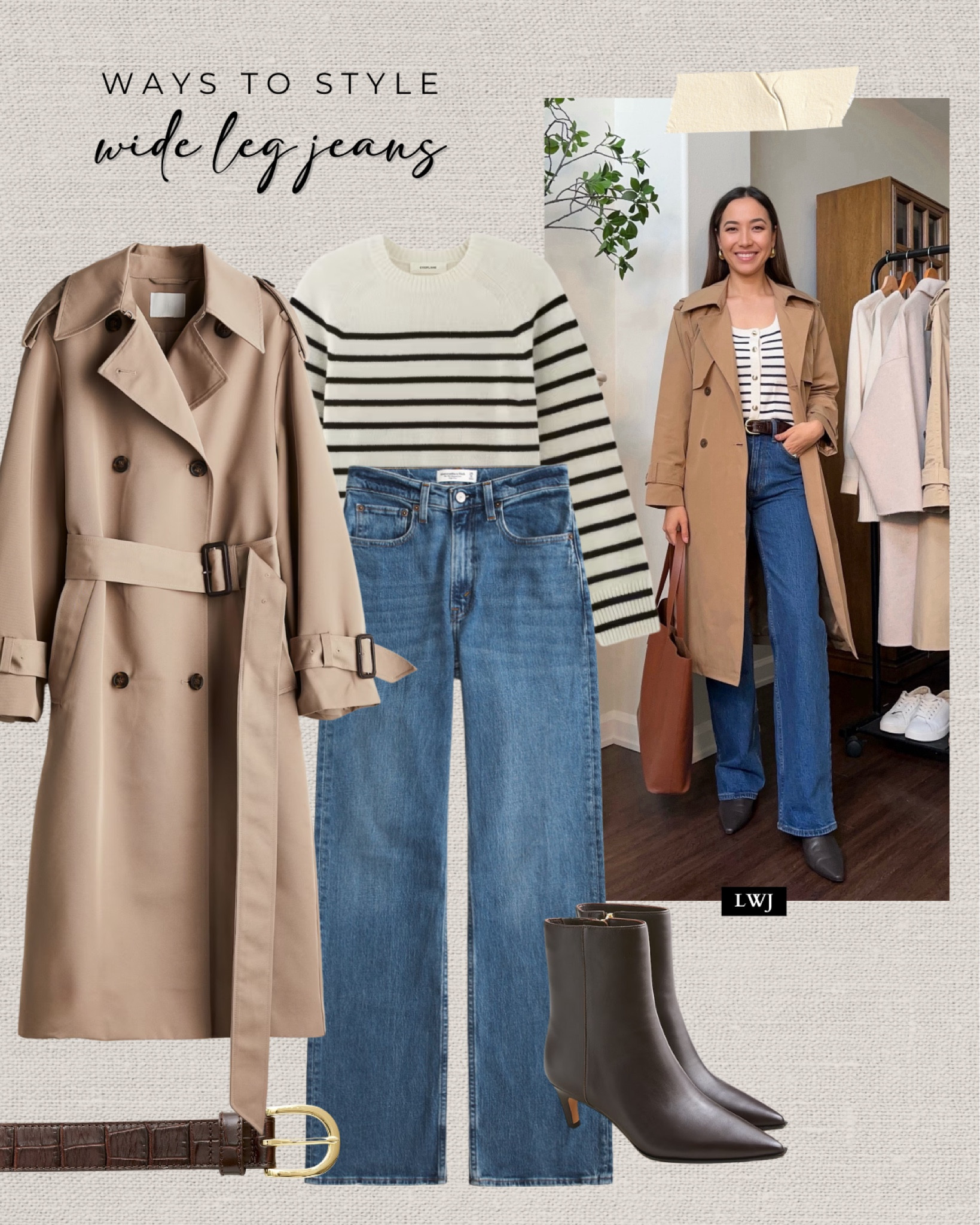 Ways to style wide leg jeans for spring

Trench coat
Striped sweater
Relaxed jeans 
Chocolate brown kitten heel boots 
Belt 

Workwear / transitional spring 

#LTKSaleAlert #LTKFindsUnder100 #LTKWorkwear