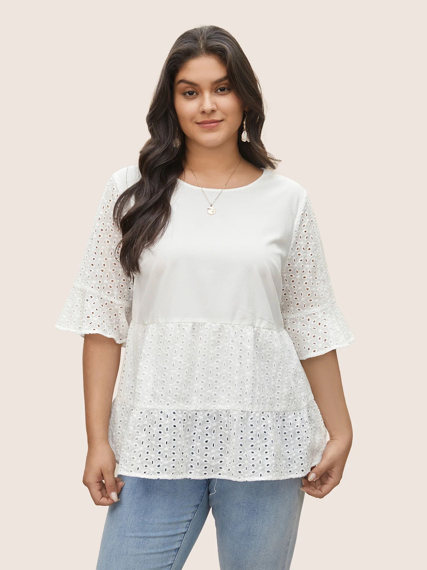 Broderie Anglaise Patchwork Flutter Sleeve Blouse | Bloomchic