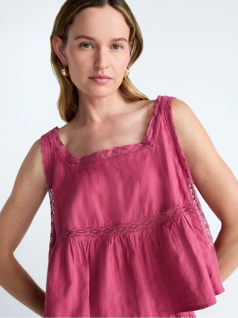 Scoop Women\u2019s and Women\u2019s Plus Cropped Lace Cotton Tank Top, Sizes XS-4X - Walmart.com | Walmart (US)