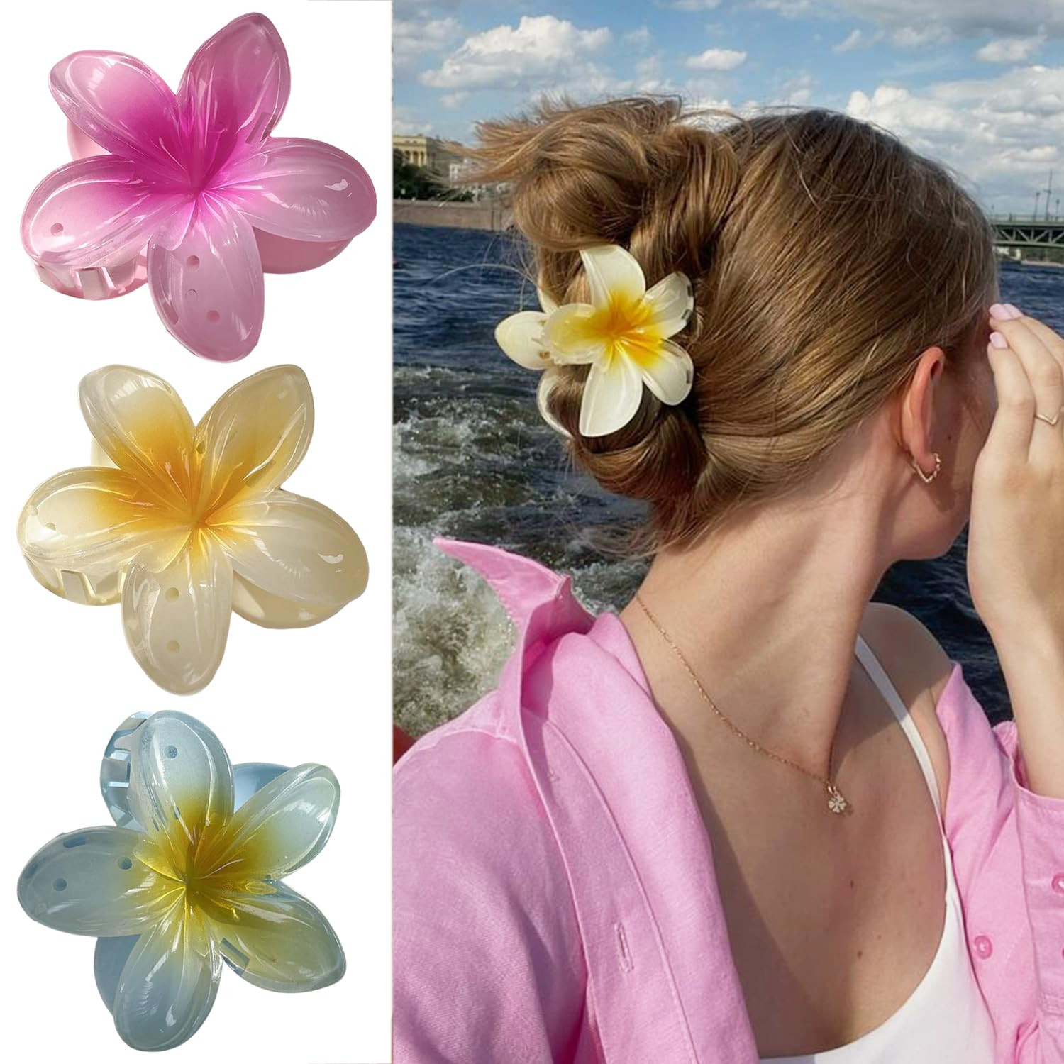 3Pcs Hawaiian Flower Hair Clips for Women Plumeria Flowers Hair Claw Clips Pink Yellow Blue Summe... | Amazon (US)