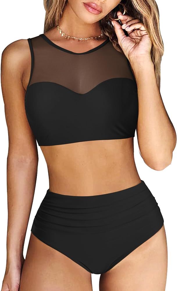 RXRXCOCO Women Mesh Two Piece Swimsuit High Waisted Bikini Set Ruched Tummy Control Bathing Suits | Amazon (US)