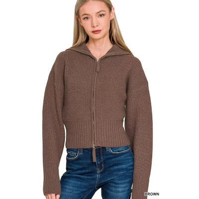 Zenana Ribbed Collared Zip Up Sweater Cardigan Brown S | Target