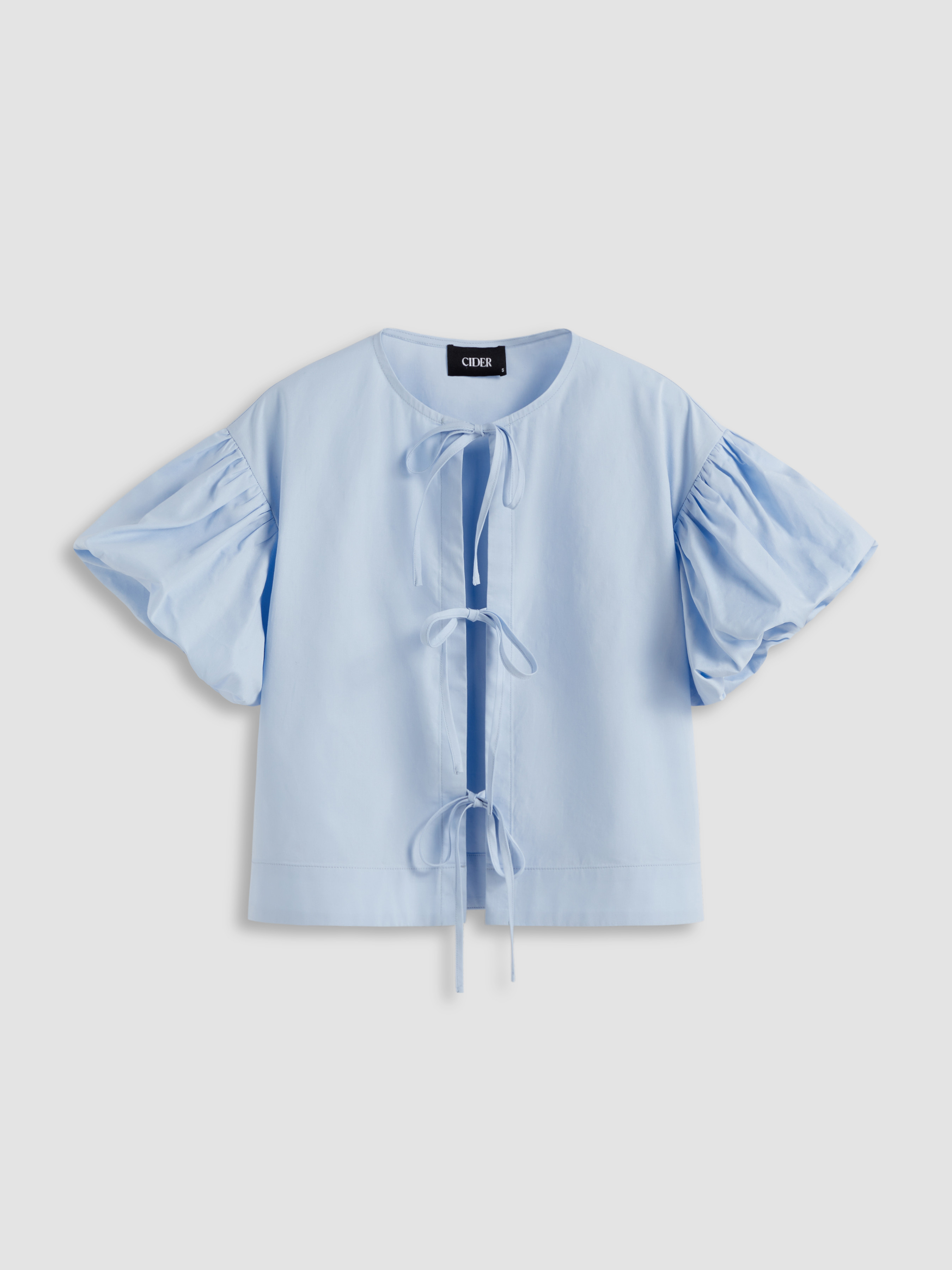 Woven Cotton 100% Cotton Round Neck Solid Knotted Bubble Sleeve Shirt For School | Cider