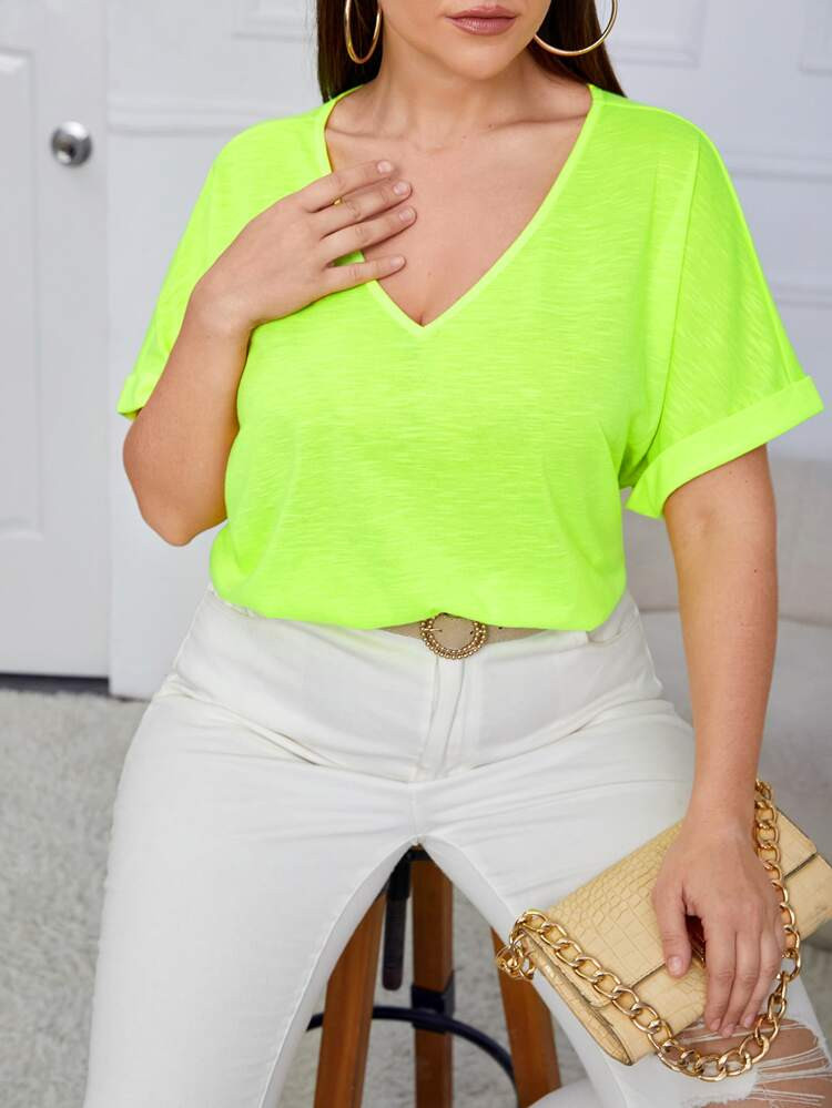 SHEIN Plus Neon Green Cuffed Dolman Sleeve Tee | SHEIN