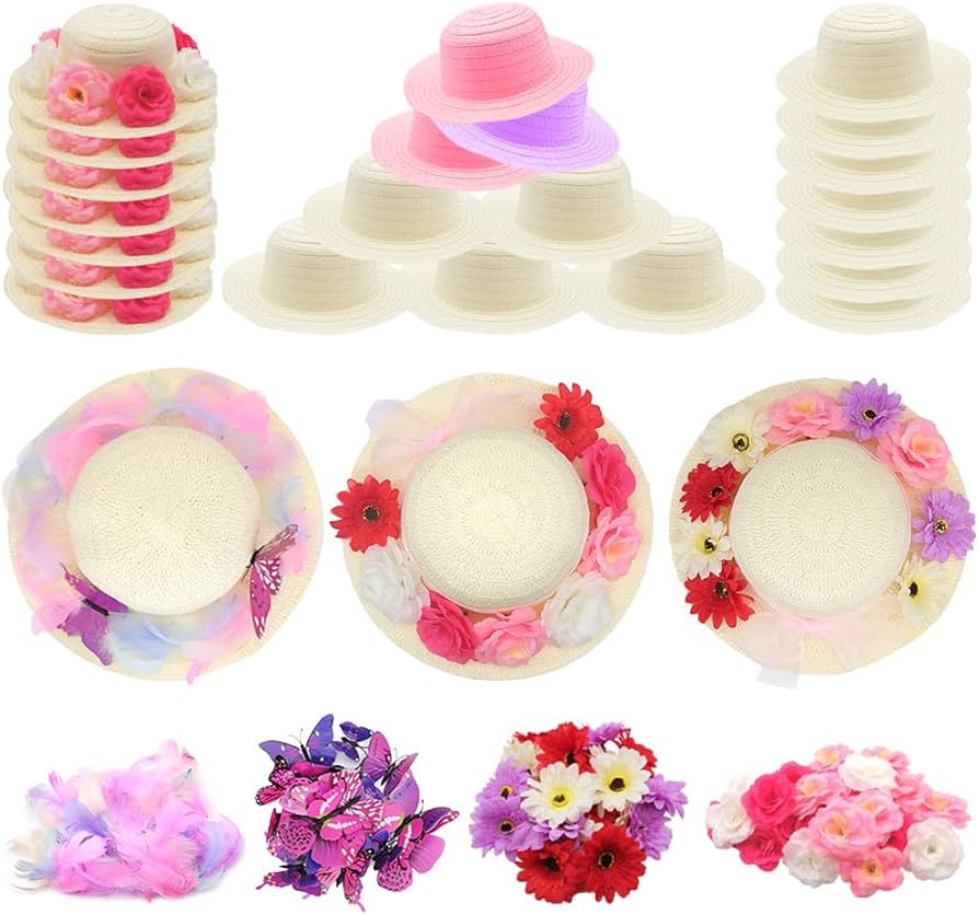 VoizVony 297 Pcs DIY Tea Party Hats for Girl Include 24 Pcs Straw Hats, Artificial Flower, Faux B... | Amazon (US)