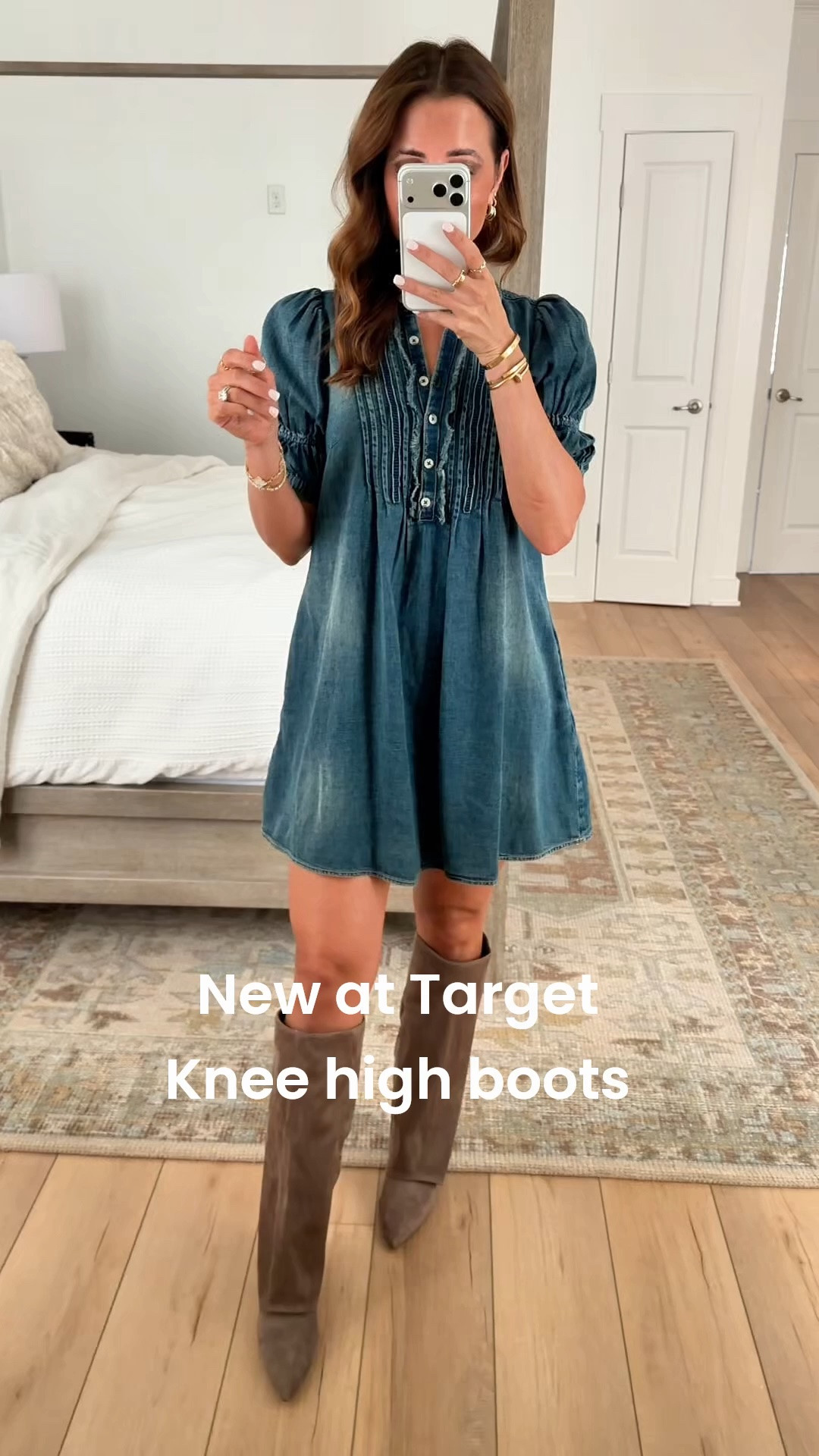 I love these new knew high boots from Target! These cut below the knee and are short-girl friendly for me (I am 5’3). TTS with a kitten heel. Wearing XXS regular in denim dress. Fall shoes. Fall outfits. Fall style. Fall workwear. Teacher outfits. Travel shoes. Travel outfits. Elevated casual outfits.

#LTKootd #LTKPetite #LTKSeasonal