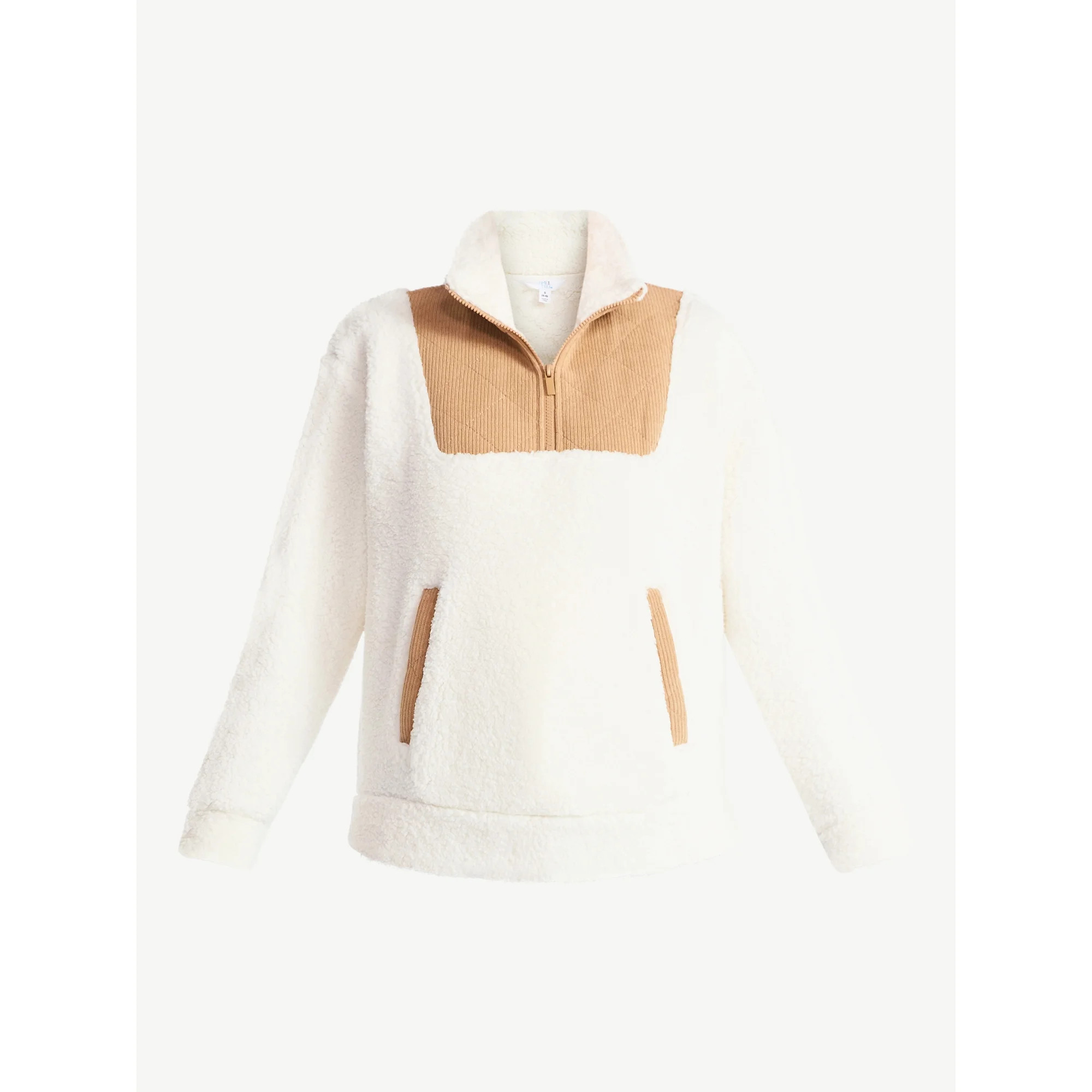 Time and Tru Women's Plush Fleece Quarter Zip Jacket with Corduroy Trim, Lightweight, Sizes XS-XX... | Walmart (US)