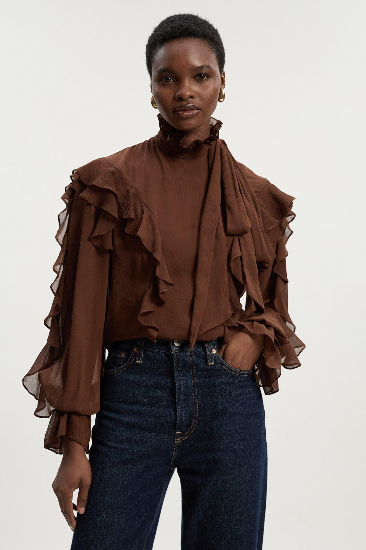 Georgette Ruffle Woven Pussy Bow Blouse | Karen Millen UK + IE + DE + NL