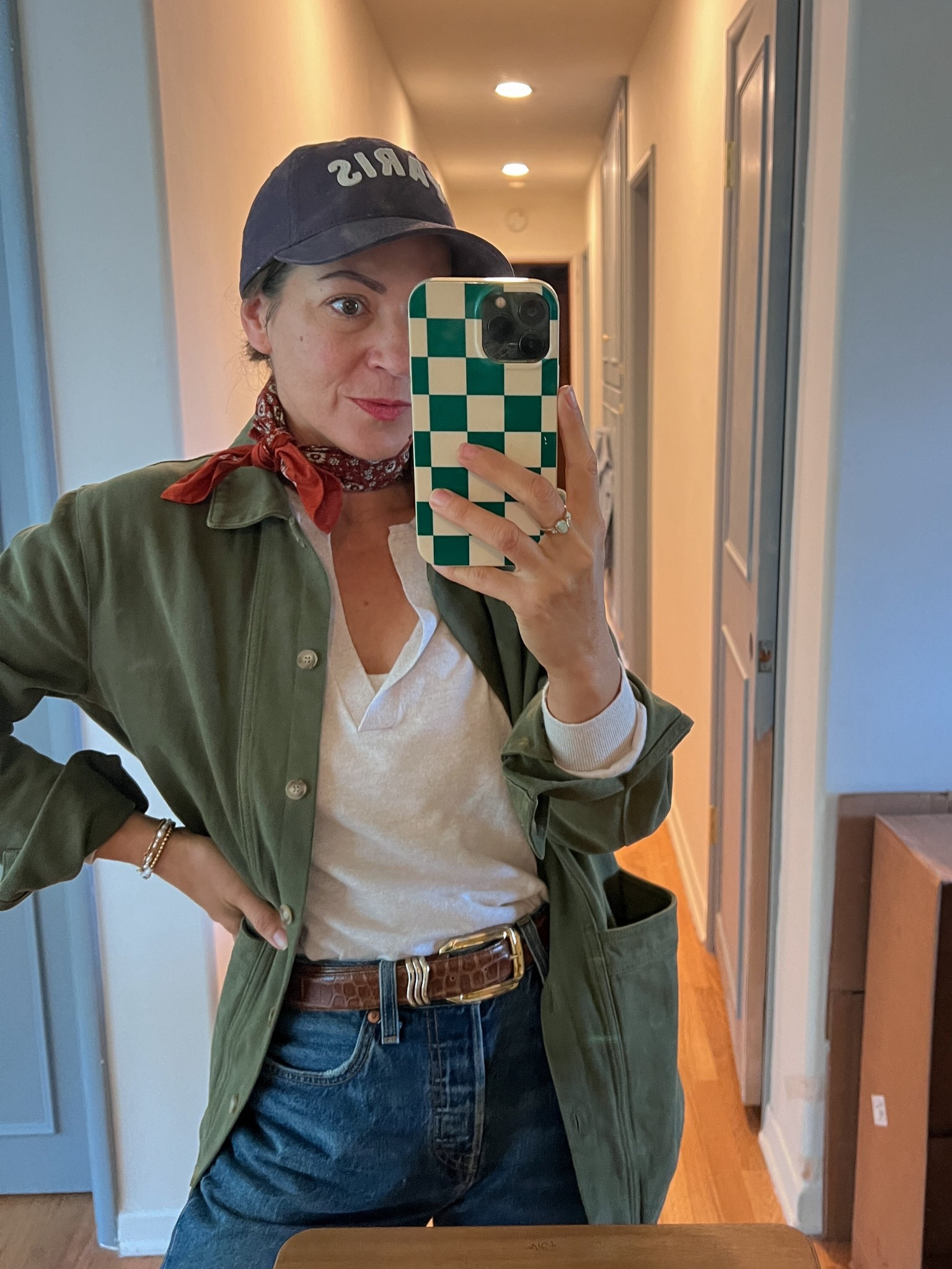 Daily outfit 04 June 2025

Jacket and scarf: Sézane
Lightweight sweater: Reset
Belt: NaNin Vintage
Jeans: Levi’s 501 cropped 
Hat: Targett