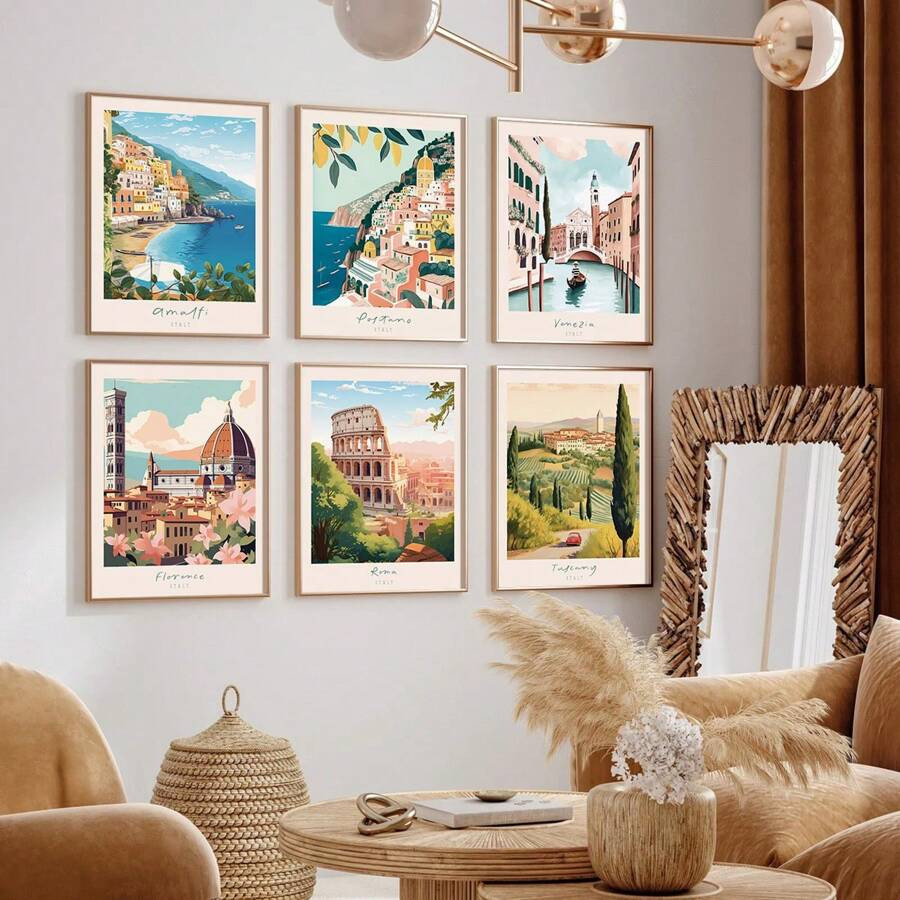 6pcs/Set Italy Travel City Architecture Landscape Canvas Wall Art Prints, Travel Gallery Art Post... | SHEIN