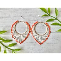 White Beaded Earrings Orange Gold Hoop Fringe Seed Bead Plated Tassel | Etsy (US)