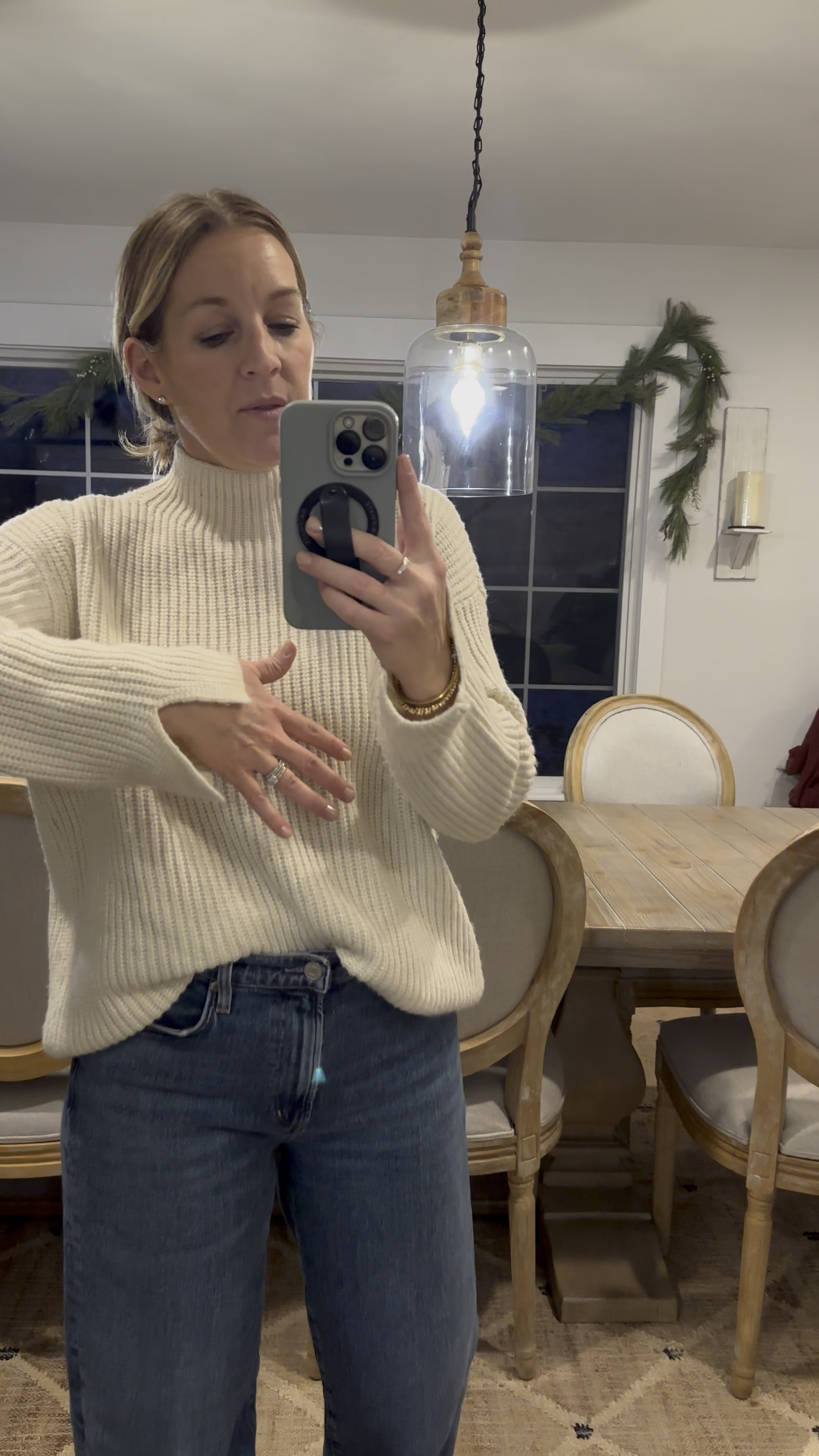 Comfy chic outfit. Super soft sweater. I’m in a medium. How cute are the sleeves?! These jeans are my most worn so tho pricier, the price per wear is excellent! They wash and dry nicely without fading, shrinking or curling at the bottoms! The dark indigo is versatile to dress up or down! I wear these with booties or sneakers! I wear my true 29! 

#LTKStyleTip #LTKWatchNow #LTKMidsize