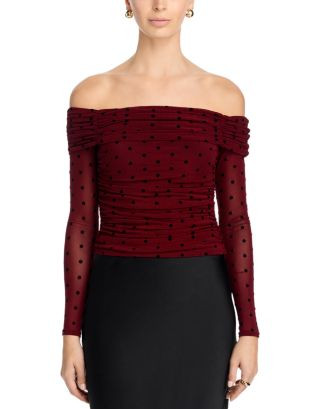 AQUA Off The Shoulder Polka Dot Mesh Top - Exclusive  | Bloomingdale's Women | Bloomingdale's (US)