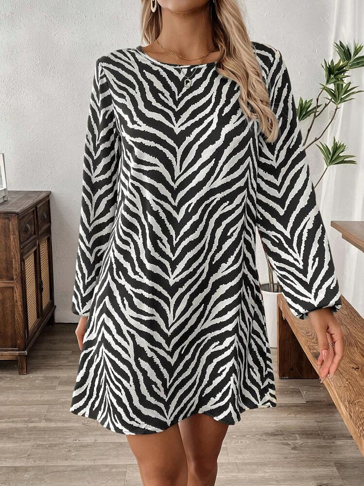 EMERY ROSE Women's Zebra Print Lantern Sleeve Casual Mini Dress, Suitable For Commuting, Autumn | SHEIN