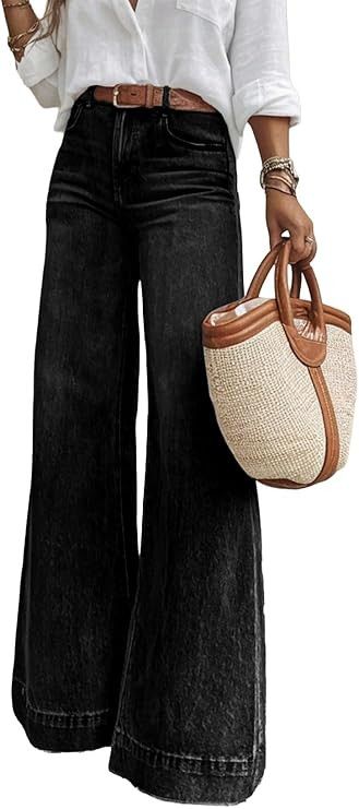 SHEWIN Flare Jeans for Women Wide Leg High Waisted Strechy Loose Casual Denim Pants with Pockets | Amazon (US)
