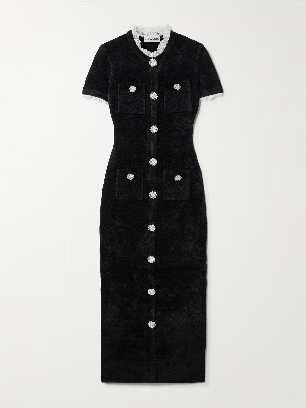 Self-Portrait - Crystal-embellished Lace-trimmed Chenille Midi Dress - Black | NET-A-PORTER (US)