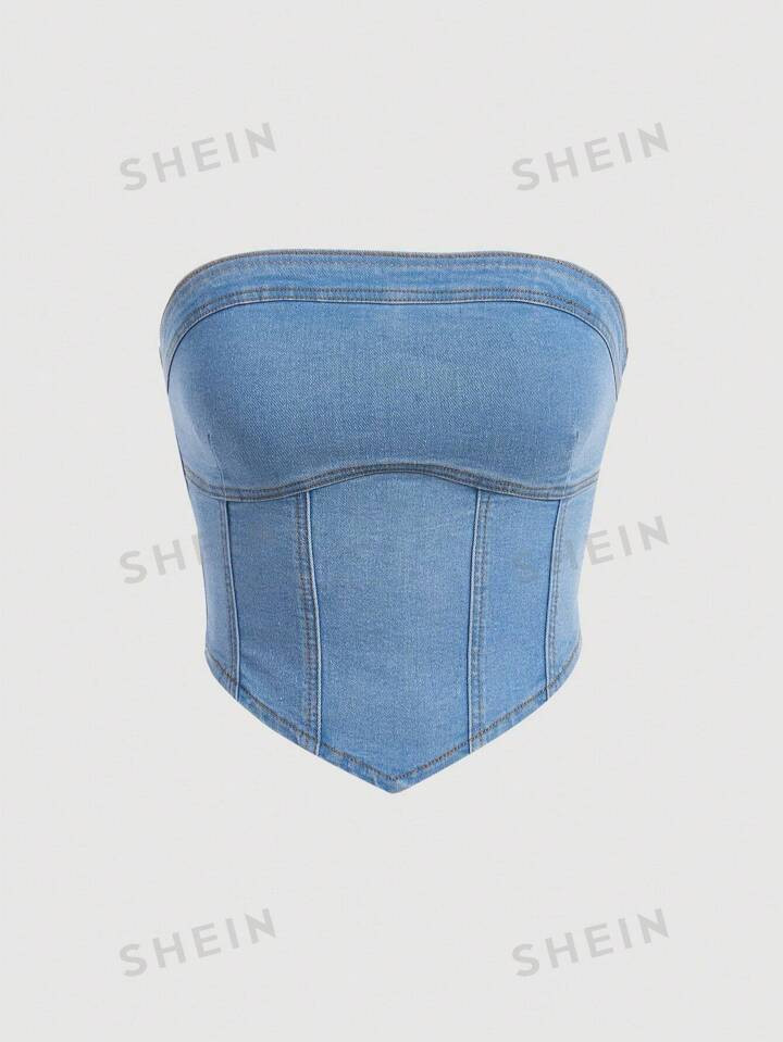 SHEIN EZwear Women's Denim Zip-up Corset Back Top | SHEIN